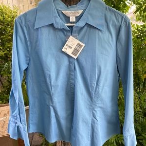 blue long sleeve button down top